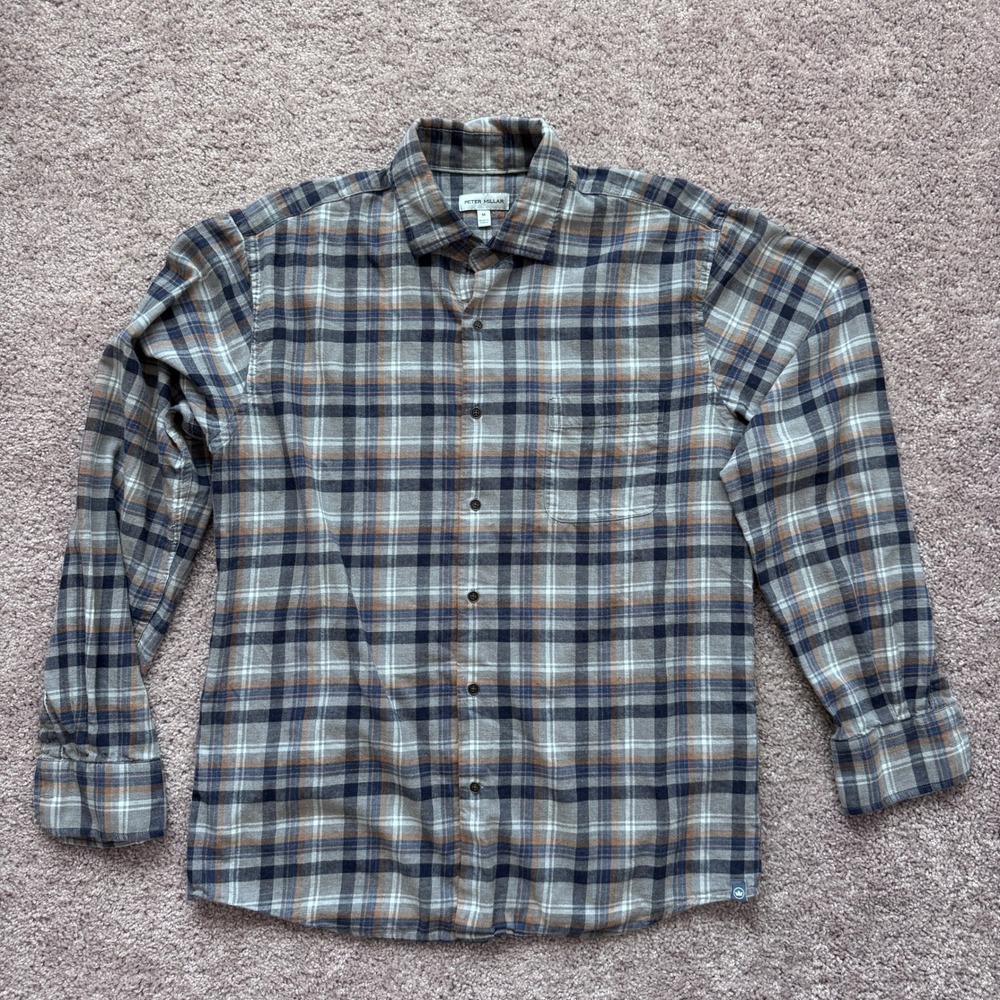 Peter Millar Crown Mens‎ Medium Grey Blue Plaid Flannel Button Down Shirt Pocket
